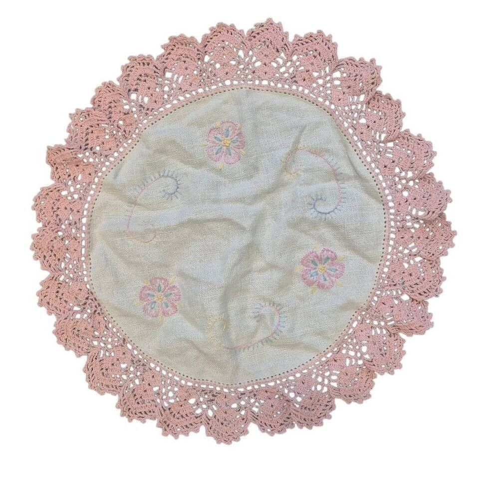 Doily, Vintage, Pink Crochet with Embroidery 12"